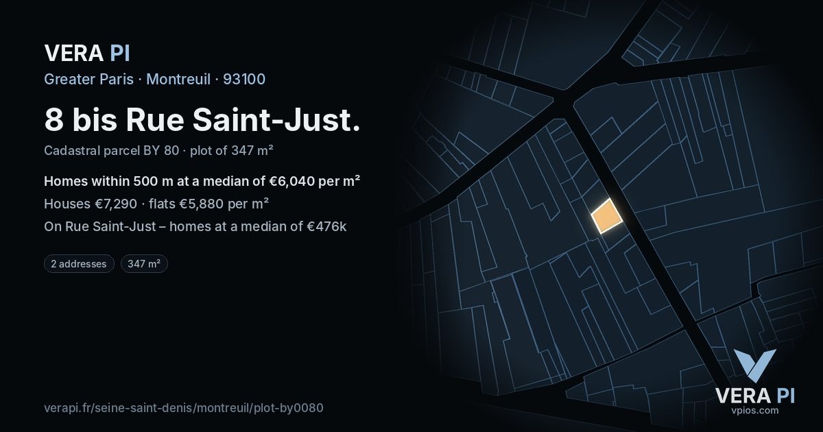 8 bis Rue Saint-Just, Montreuil at night – the plot lit, the parcels around coloured by the prices near them