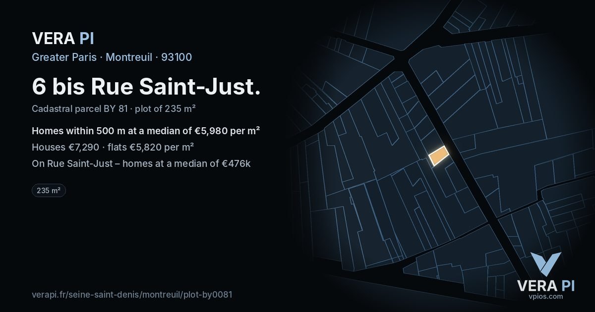 6 bis Rue Saint-Just, Montreuil at night – the plot lit, the parcels around coloured by the prices near them