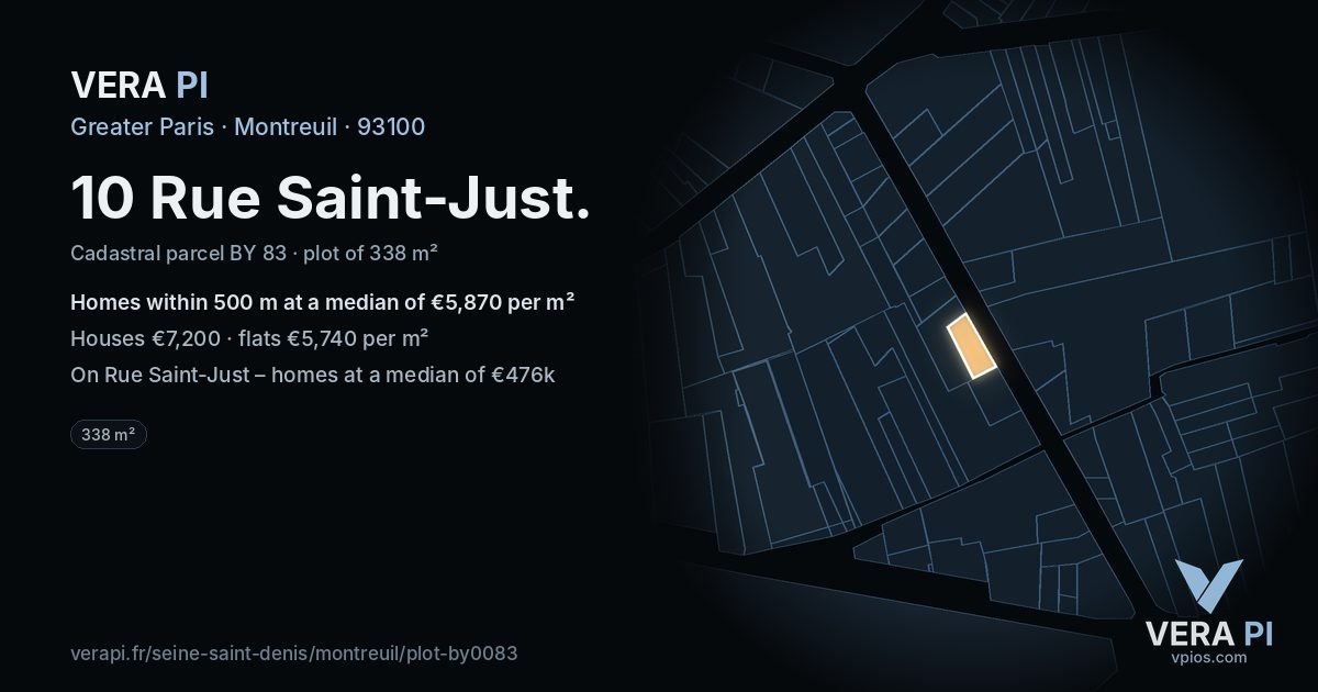 10 Rue Saint-Just, Montreuil at night – the plot lit, the parcels around coloured by the prices near them