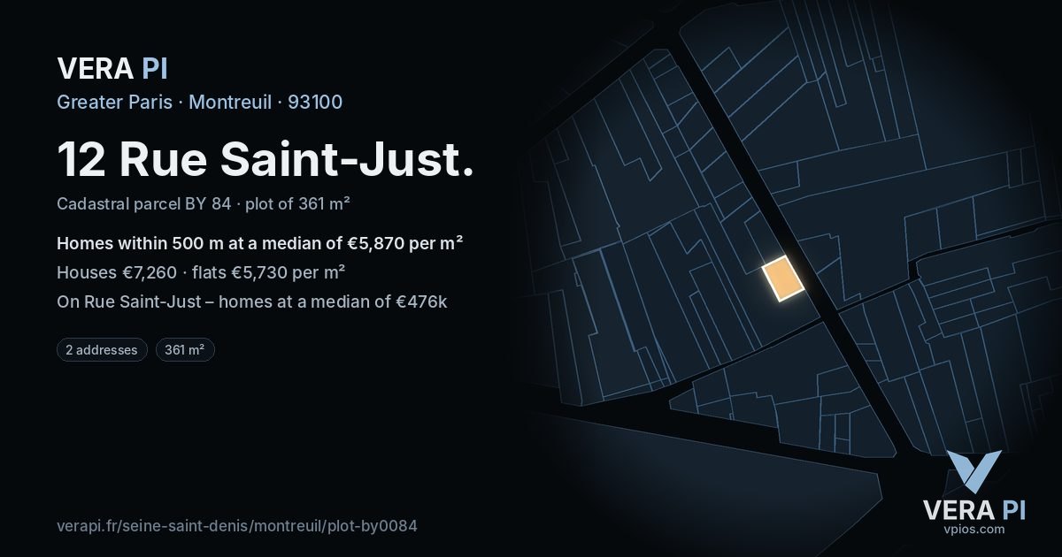 12 Rue Saint-Just, Montreuil at night – the plot lit, the parcels around coloured by the prices near them