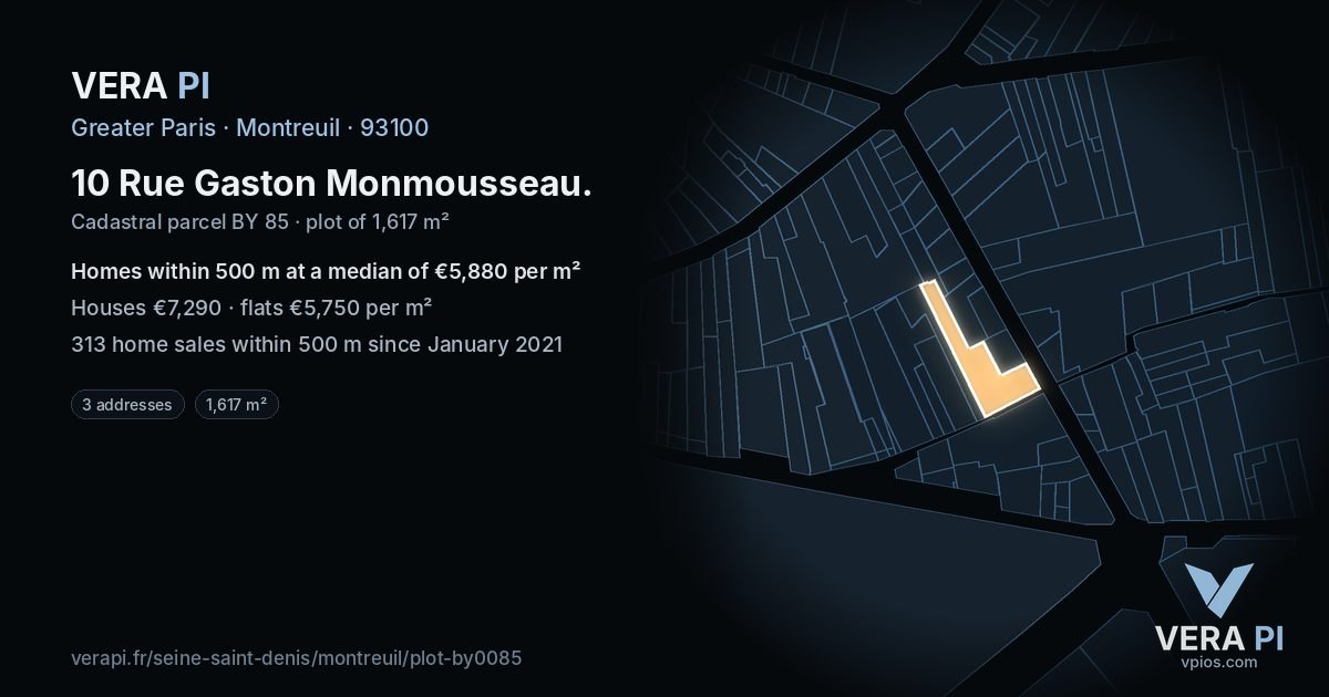 10 Rue Gaston Monmousseau, Montreuil at night – the plot lit, the parcels around coloured by the prices near them