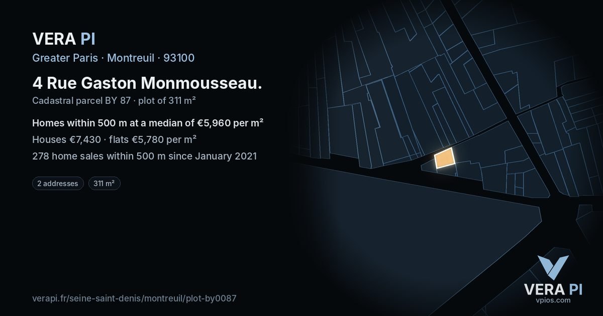 4 Rue Gaston Monmousseau, Montreuil at night – the plot lit, the parcels around coloured by the prices near them
