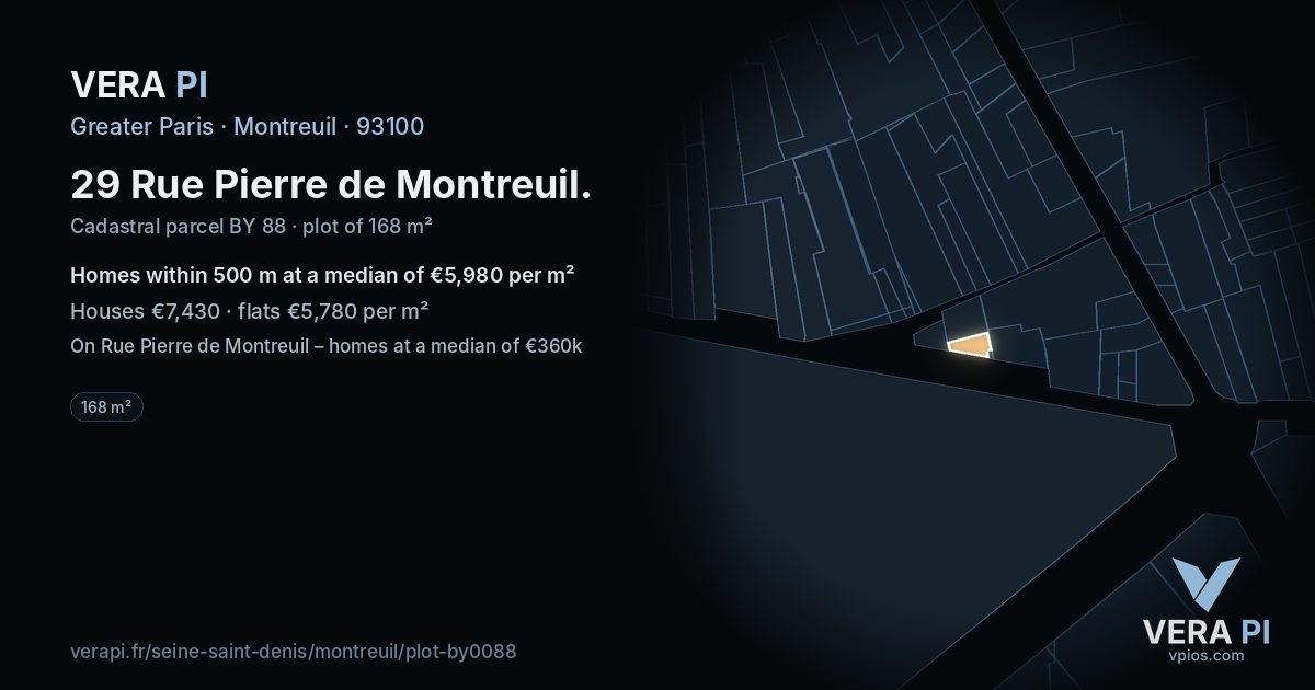 29 Rue Pierre de Montreuil, Montreuil at night – the plot lit, the parcels around coloured by the prices near them