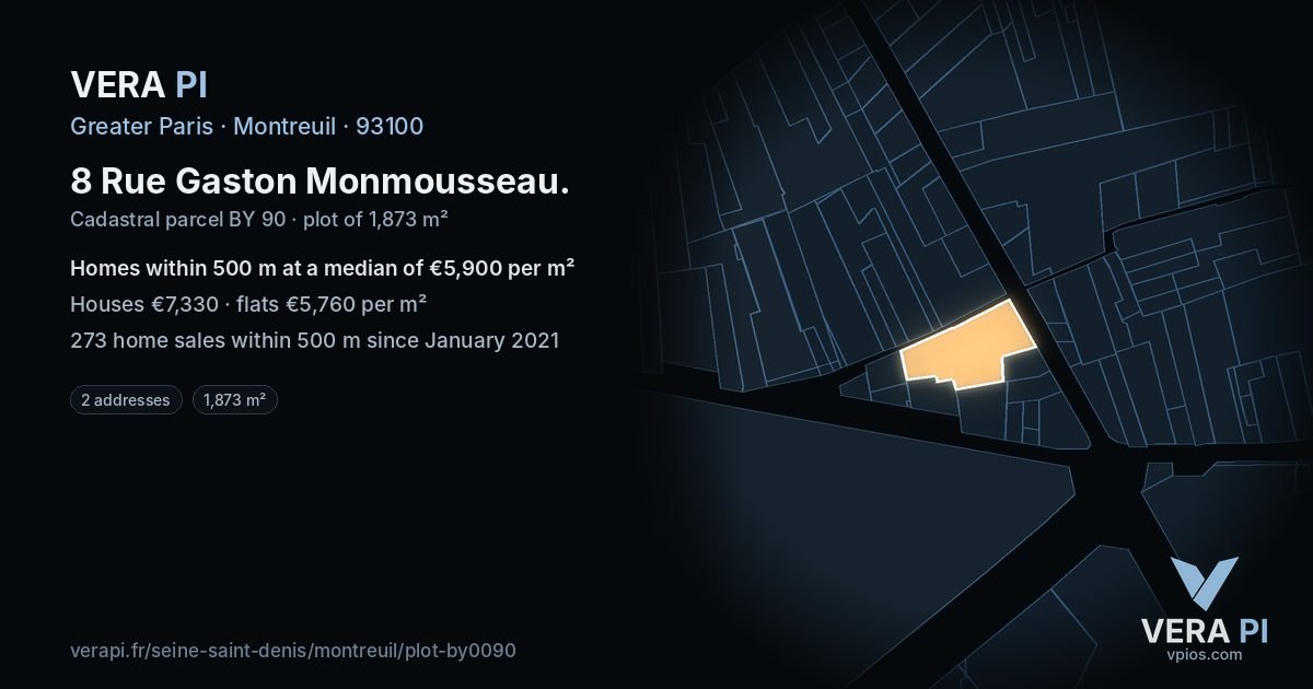 8 Rue Gaston Monmousseau, Montreuil at night – the plot lit, the parcels around coloured by the prices near them
