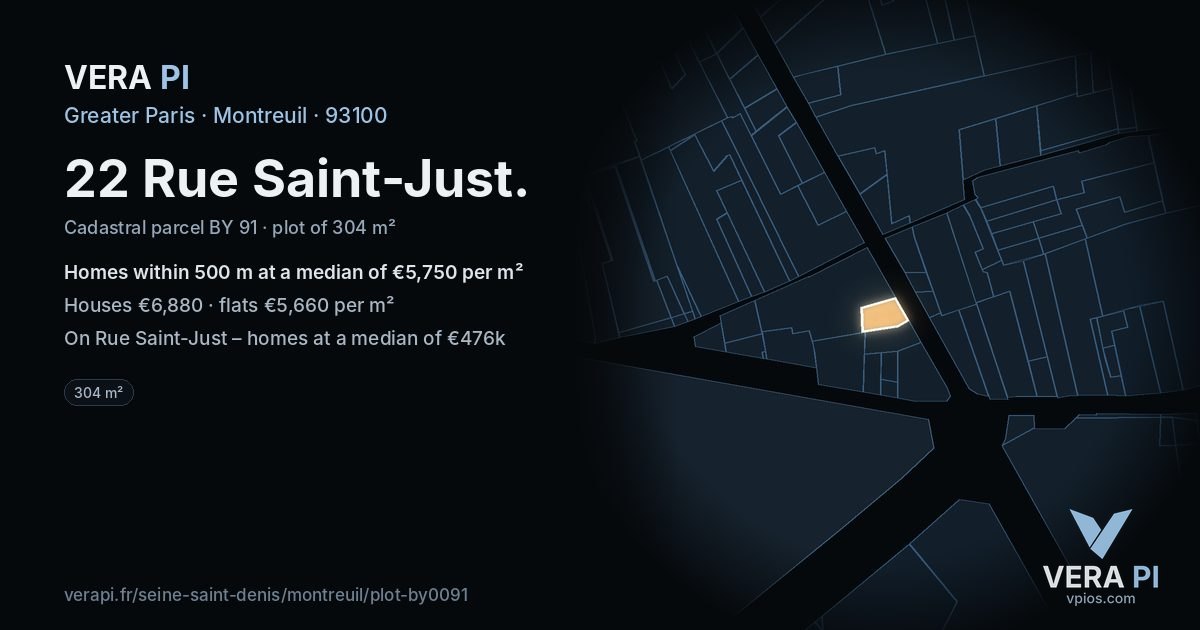 22 Rue Saint-Just, Montreuil at night – the plot lit, the parcels around coloured by the prices near them