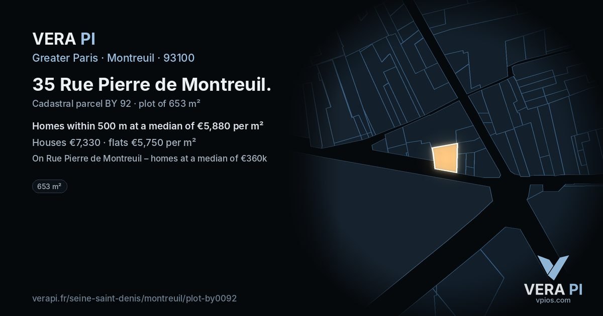 35 Rue Pierre de Montreuil, Montreuil at night – the plot lit, the parcels around coloured by the prices near them