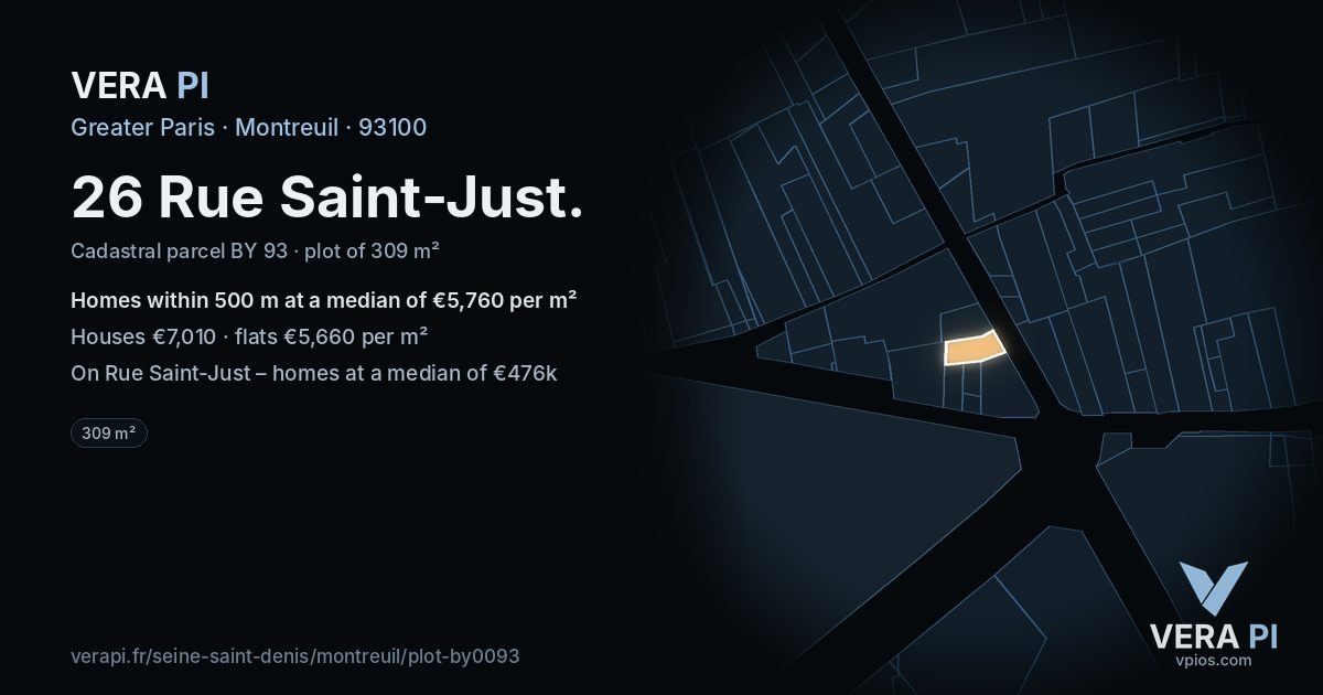 26 Rue Saint-Just, Montreuil at night – the plot lit, the parcels around coloured by the prices near them