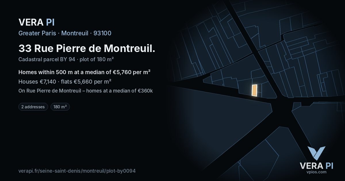 33 Rue Pierre de Montreuil, Montreuil at night – the plot lit, the parcels around coloured by the prices near them