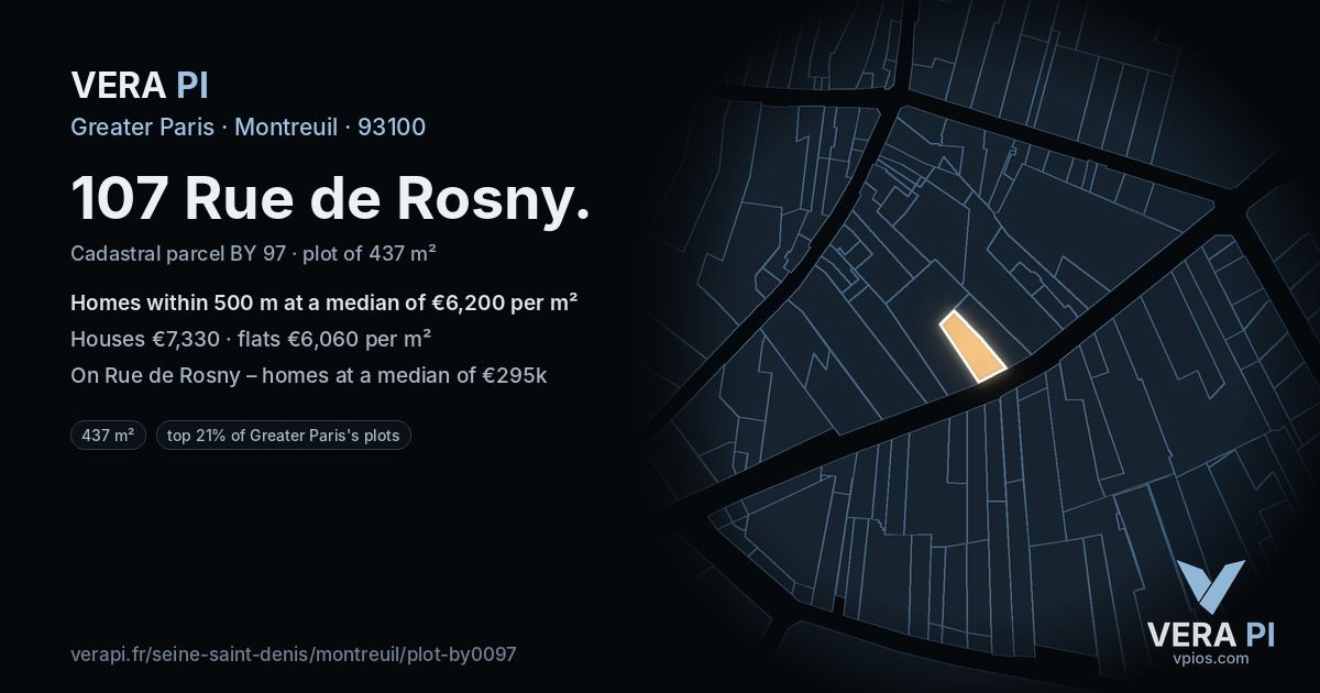 107 Rue de Rosny, Montreuil at night – the plot lit, the parcels around coloured by the prices near them