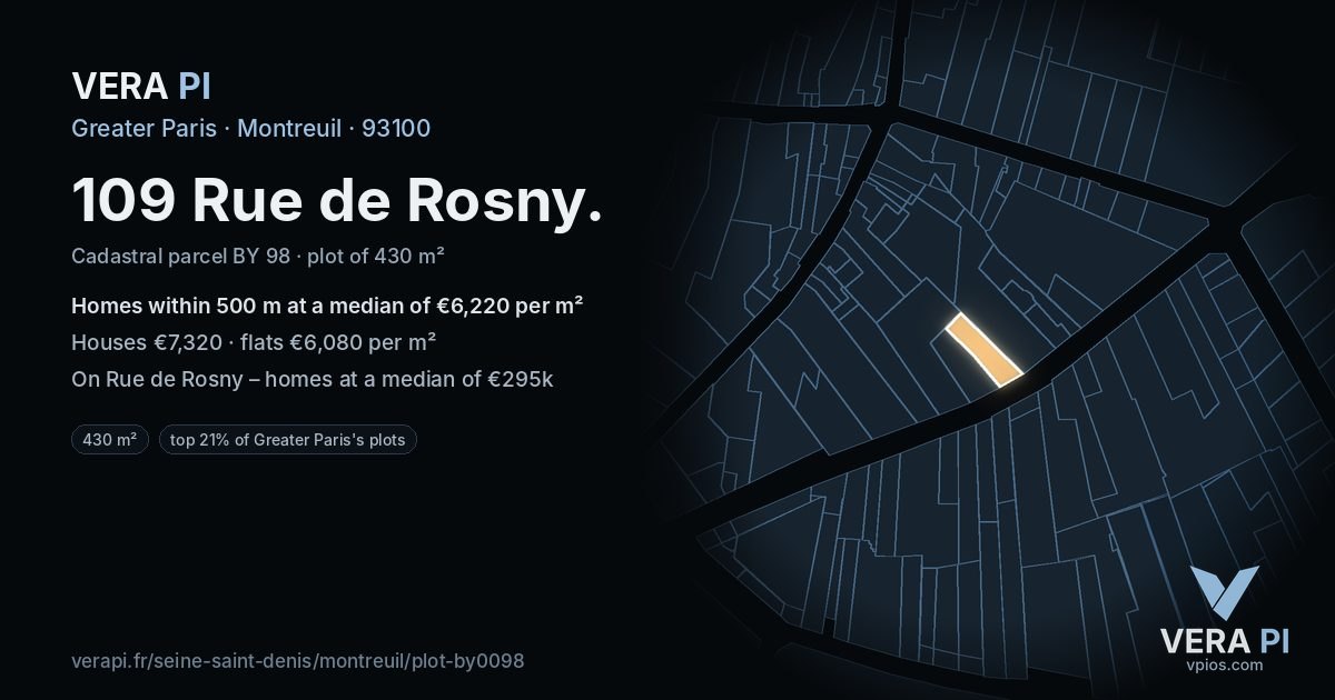 109 Rue de Rosny, Montreuil at night – the plot lit, the parcels around coloured by the prices near them