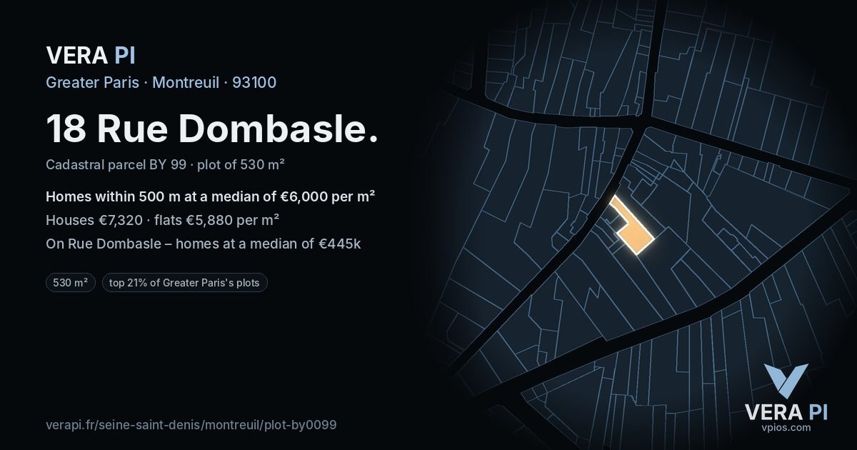 18 Rue Dombasle, Montreuil at night – the plot lit, the parcels around coloured by the prices near them