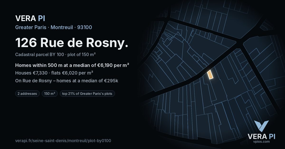 126 Rue de Rosny, Montreuil at night – the plot lit, the parcels around coloured by the prices near them