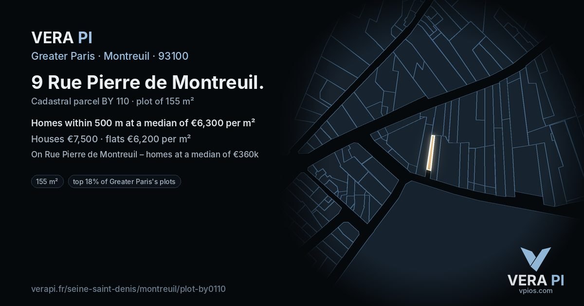 9 Rue Pierre de Montreuil, Montreuil at night – the plot lit, the parcels around coloured by the prices near them