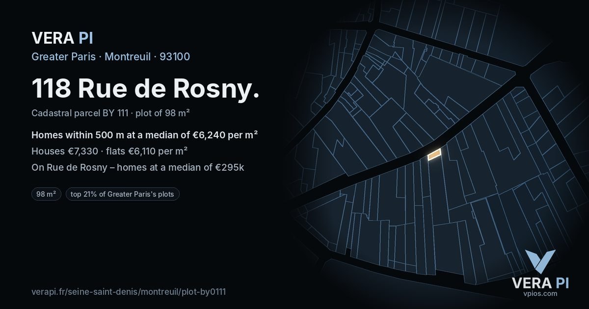 118 Rue de Rosny, Montreuil at night – the plot lit, the parcels around coloured by the prices near them