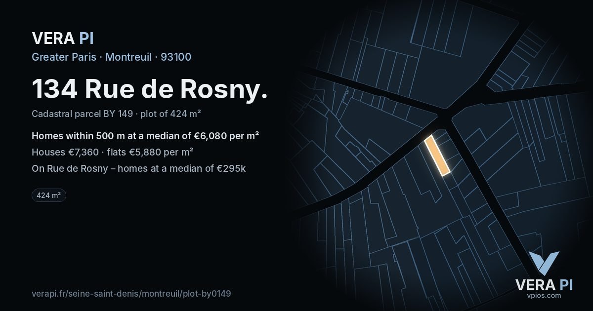 134 Rue de Rosny, Montreuil at night – the plot lit, the parcels around coloured by the prices near them