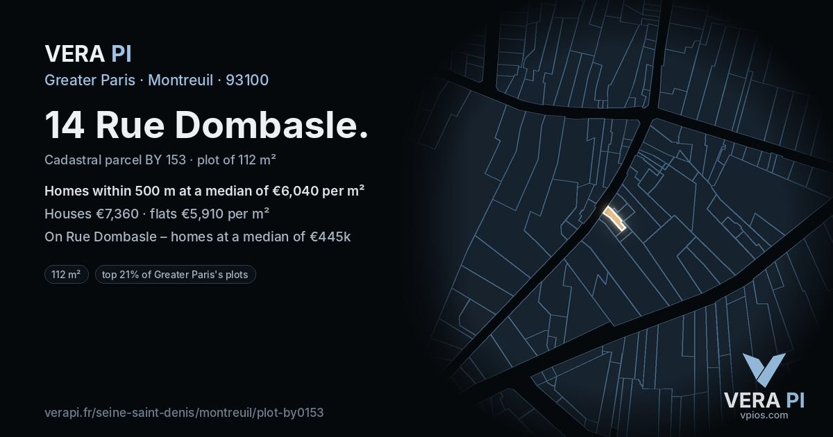 14 Rue Dombasle, Montreuil at night – the plot lit, the parcels around coloured by the prices near them