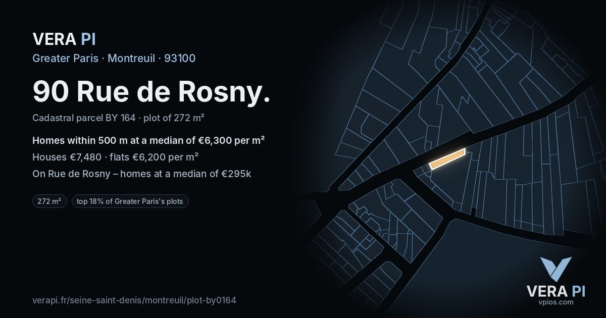 90 Rue de Rosny, Montreuil at night – the plot lit, the parcels around coloured by the prices near them