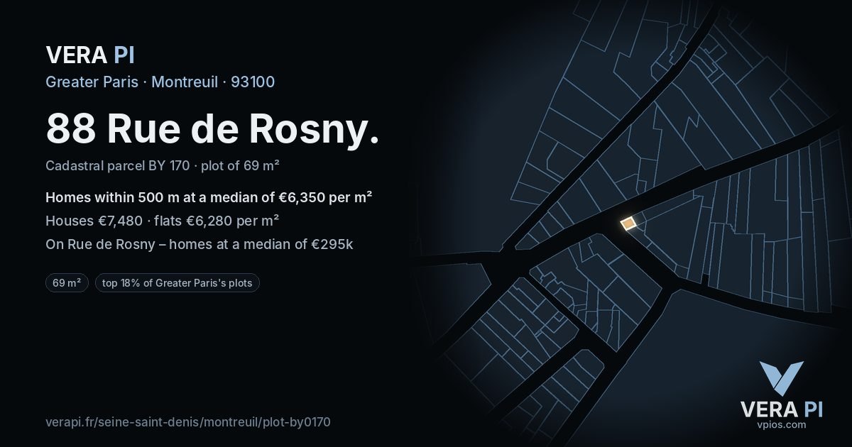 88 Rue de Rosny, Montreuil at night – the plot lit, the parcels around coloured by the prices near them