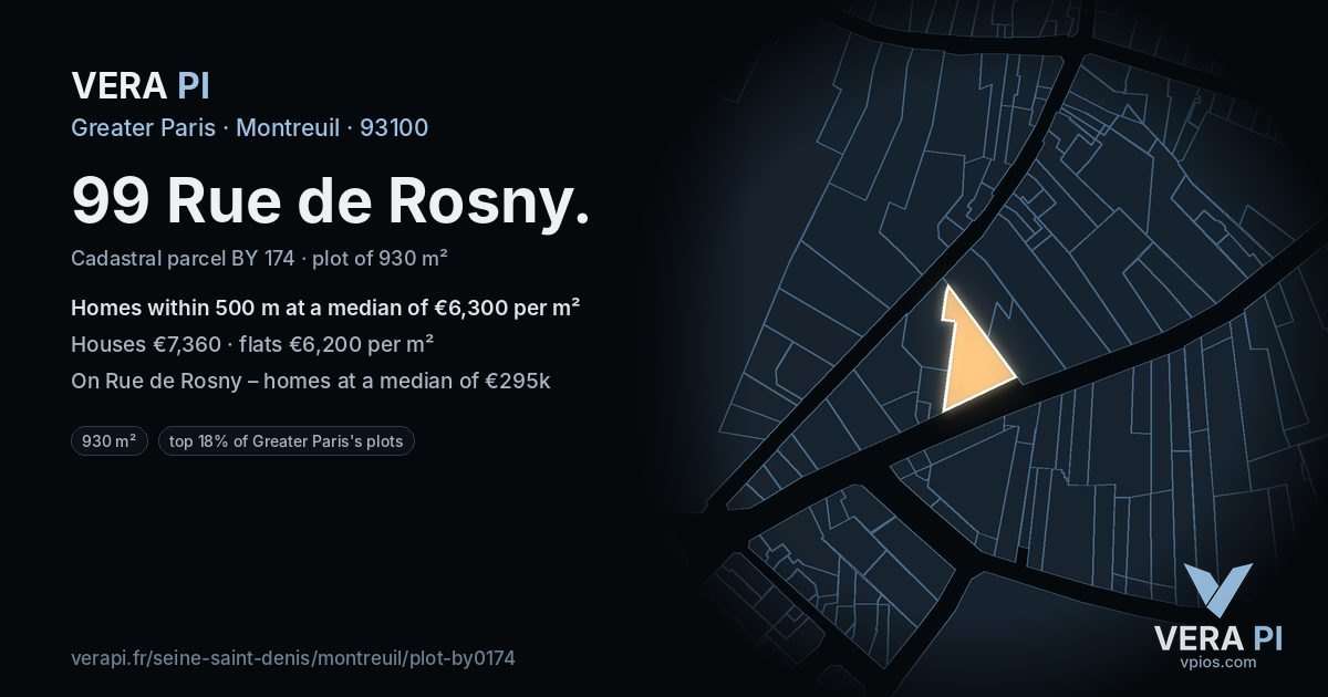 99 Rue de Rosny, Montreuil at night – the plot lit, the parcels around coloured by the prices near them