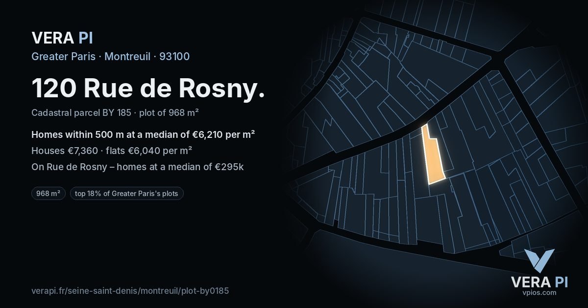 120 Rue de Rosny, Montreuil at night – the plot lit, the parcels around coloured by the prices near them