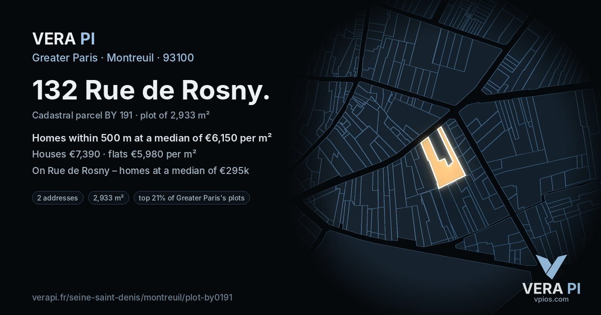 132 Rue de Rosny, Montreuil at night – the plot lit, the parcels around coloured by the prices near them