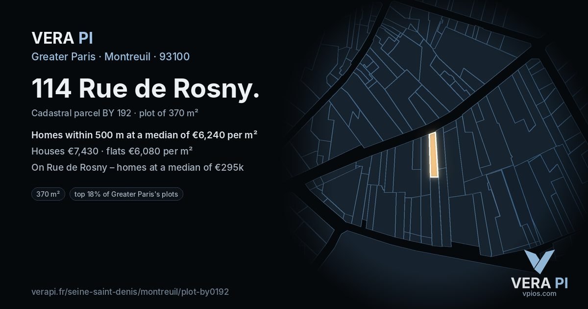 114 Rue de Rosny, Montreuil at night – the plot lit, the parcels around coloured by the prices near them
