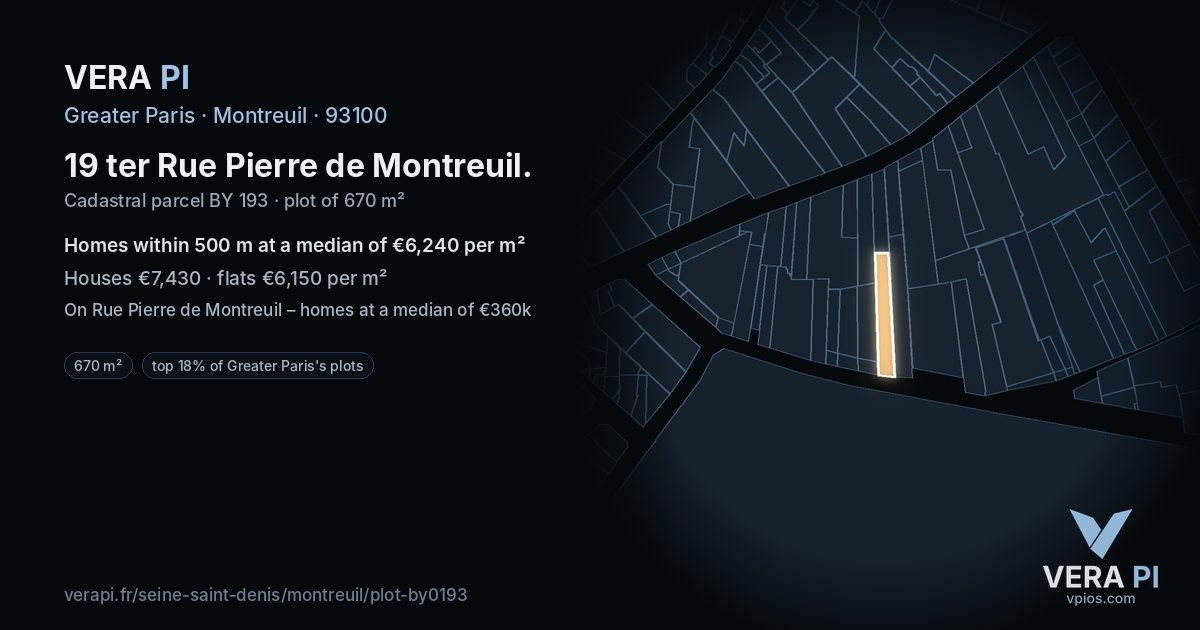 19 ter Rue Pierre de Montreuil, Montreuil at night – the plot lit, the parcels around coloured by the prices near them
