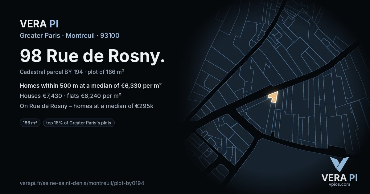 98 Rue de Rosny, Montreuil at night – the plot lit, the parcels around coloured by the prices near them
