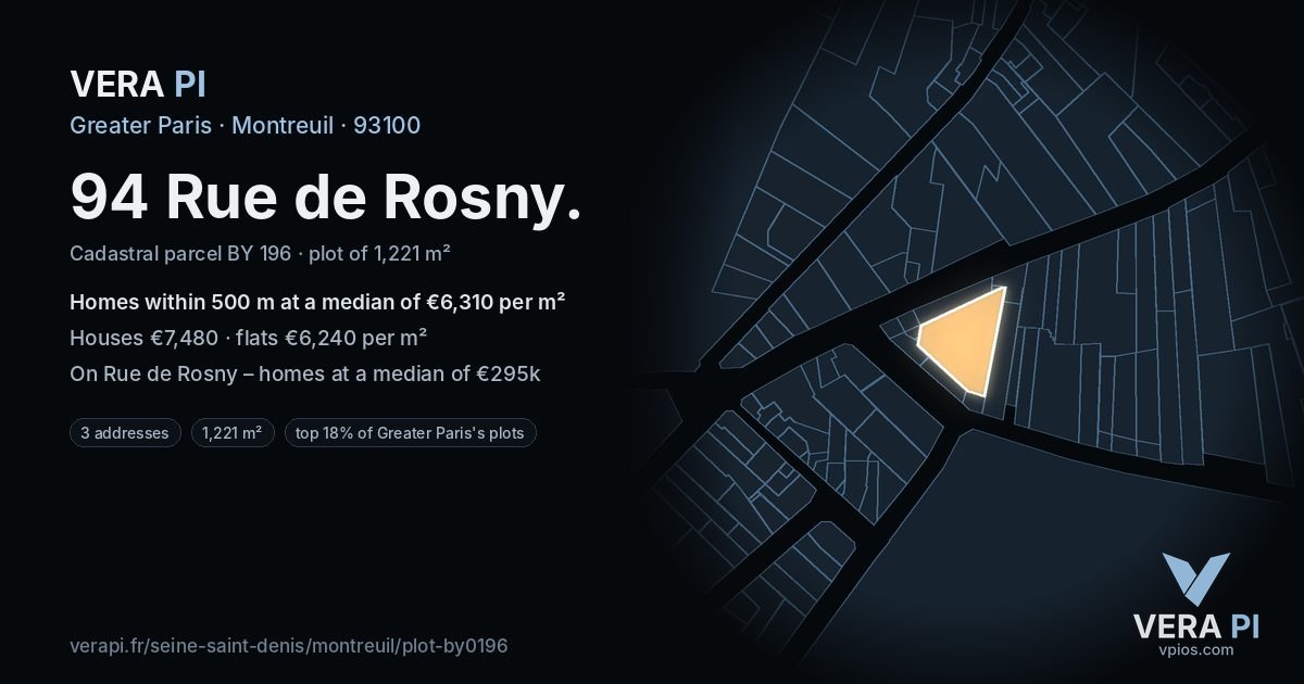 94 Rue de Rosny, Montreuil at night – the plot lit, the parcels around coloured by the prices near them