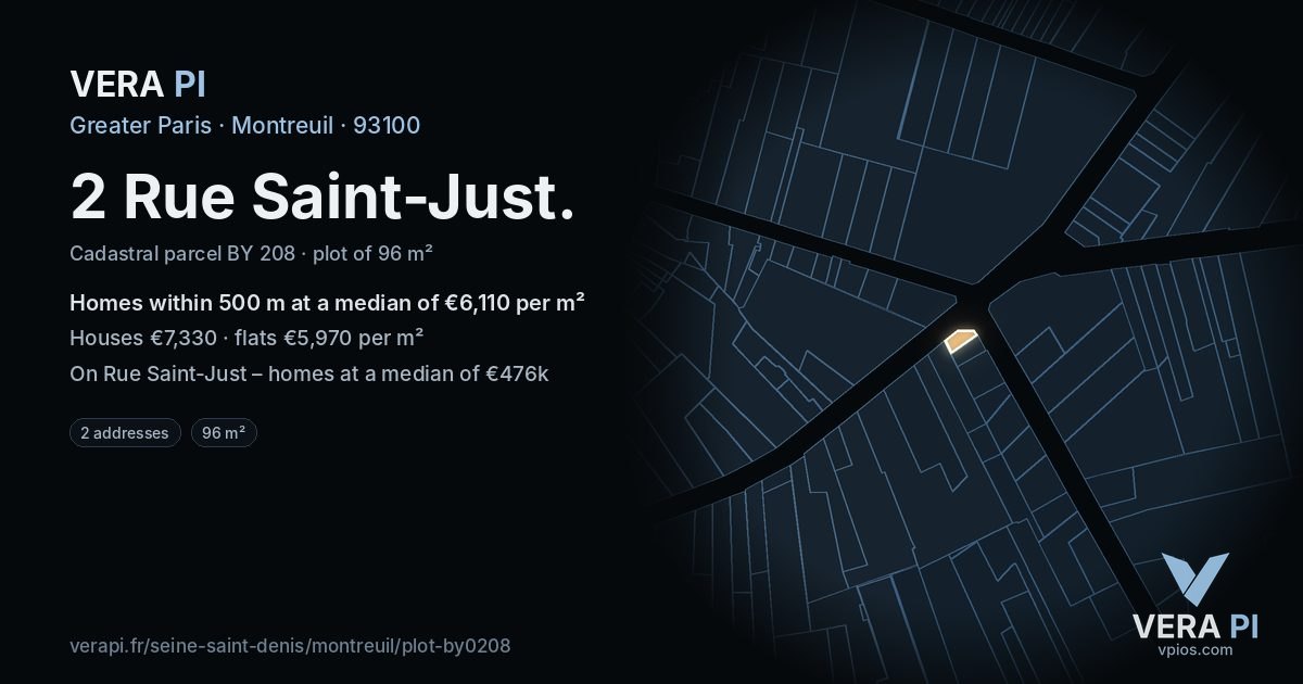 2 Rue Saint-Just, Montreuil at night – the plot lit, the parcels around coloured by the prices near them