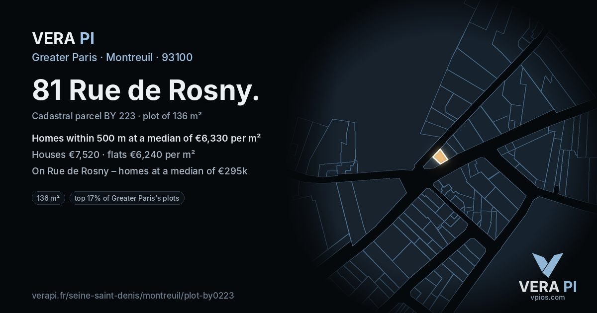 81 Rue de Rosny, Montreuil at night – the plot lit, the parcels around coloured by the prices near them