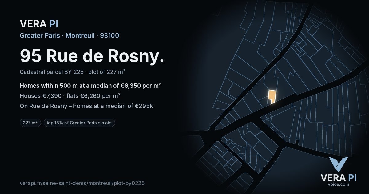 95 Rue de Rosny, Montreuil at night – the plot lit, the parcels around coloured by the prices near them