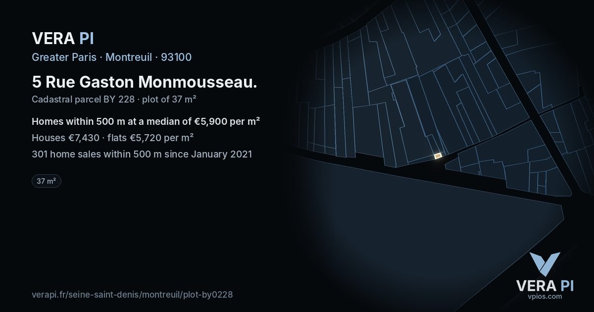5 Rue Gaston Monmousseau, Montreuil at night – the plot lit, the parcels around coloured by the prices near them