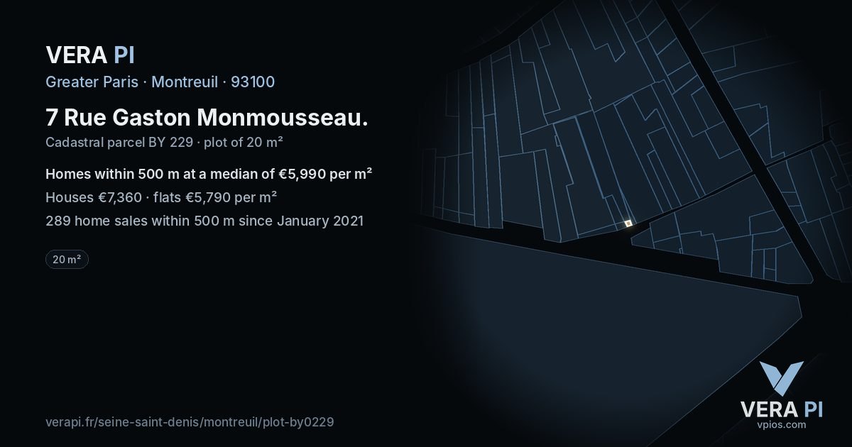 7 Rue Gaston Monmousseau, Montreuil at night – the plot lit, the parcels around coloured by the prices near them