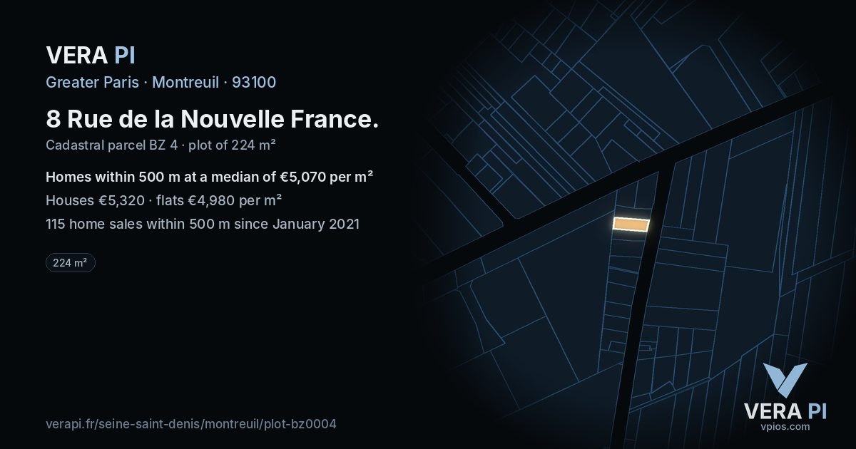 8 Rue de la Nouvelle France, Montreuil at night – the plot lit, the parcels around coloured by the prices near them