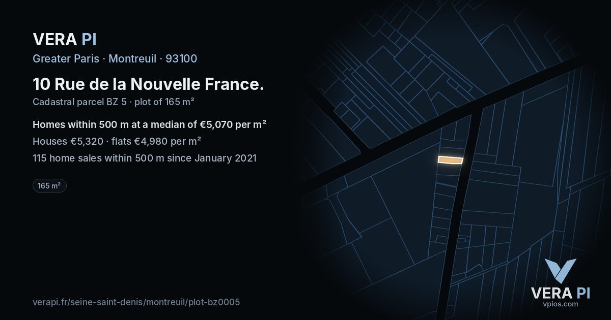 10 Rue de la Nouvelle France, Montreuil at night – the plot lit, the parcels around coloured by the prices near them