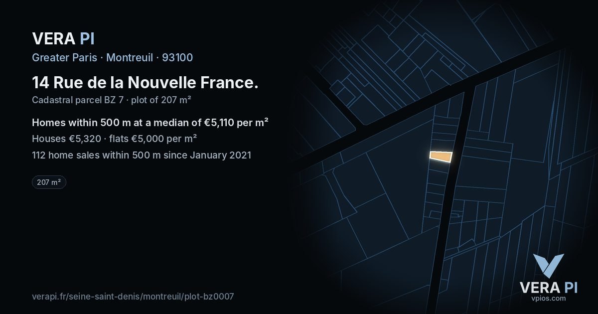 14 Rue de la Nouvelle France, Montreuil at night – the plot lit, the parcels around coloured by the prices near them