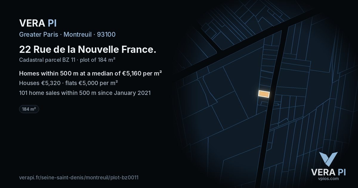 22 Rue de la Nouvelle France, Montreuil at night – the plot lit, the parcels around coloured by the prices near them
