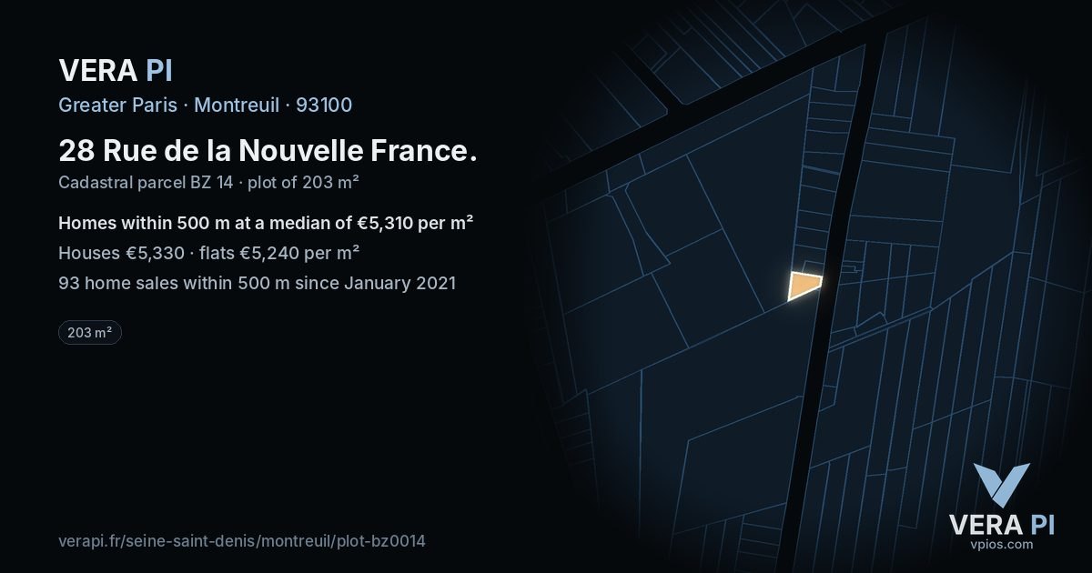 28 Rue de la Nouvelle France, Montreuil at night – the plot lit, the parcels around coloured by the prices near them