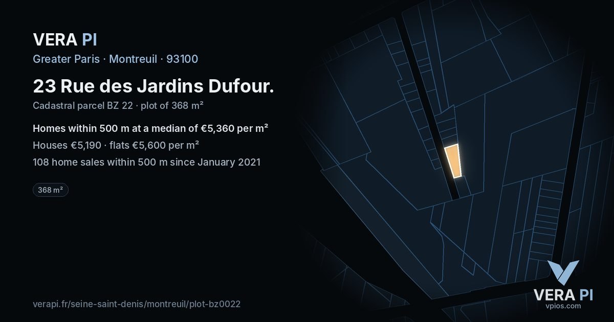 23 Rue des Jardins Dufour, Montreuil at night – the plot lit, the parcels around coloured by the prices near them