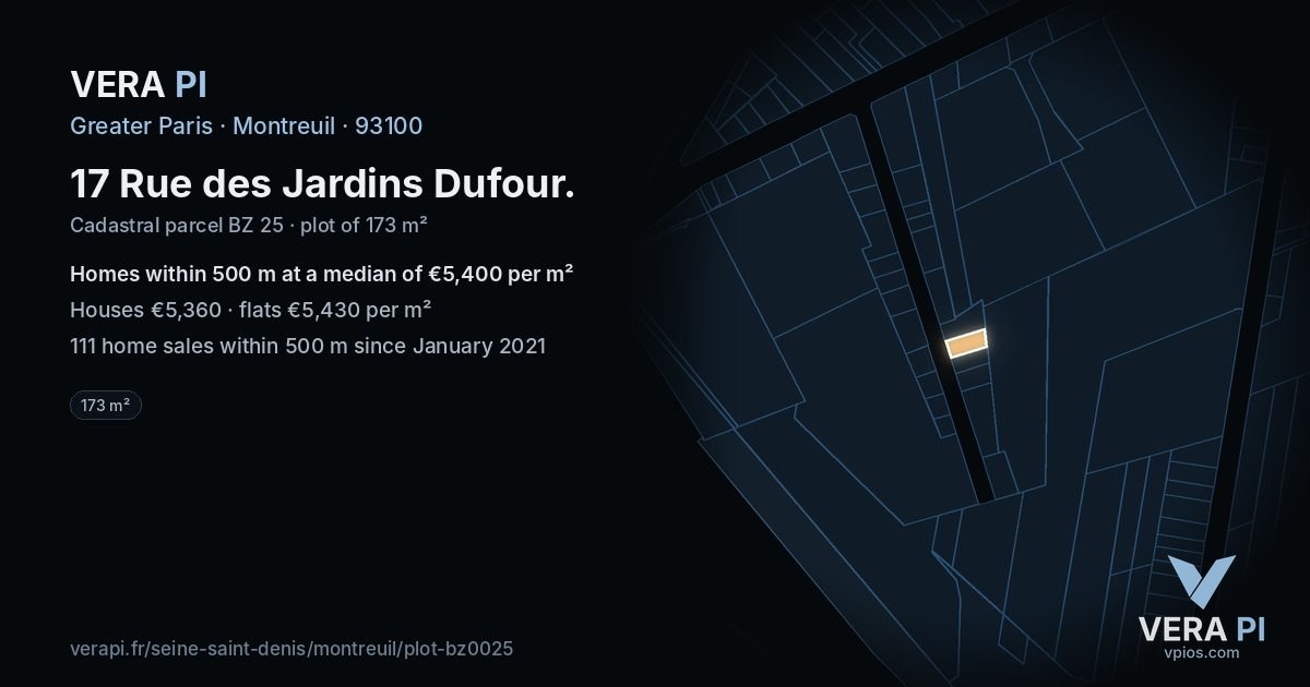 17 Rue des Jardins Dufour, Montreuil at night – the plot lit, the parcels around coloured by the prices near them