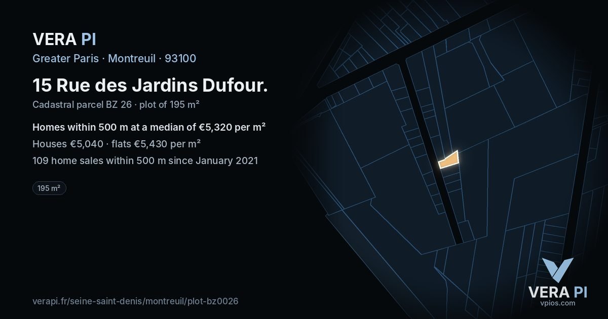 15 Rue des Jardins Dufour, Montreuil at night – the plot lit, the parcels around coloured by the prices near them