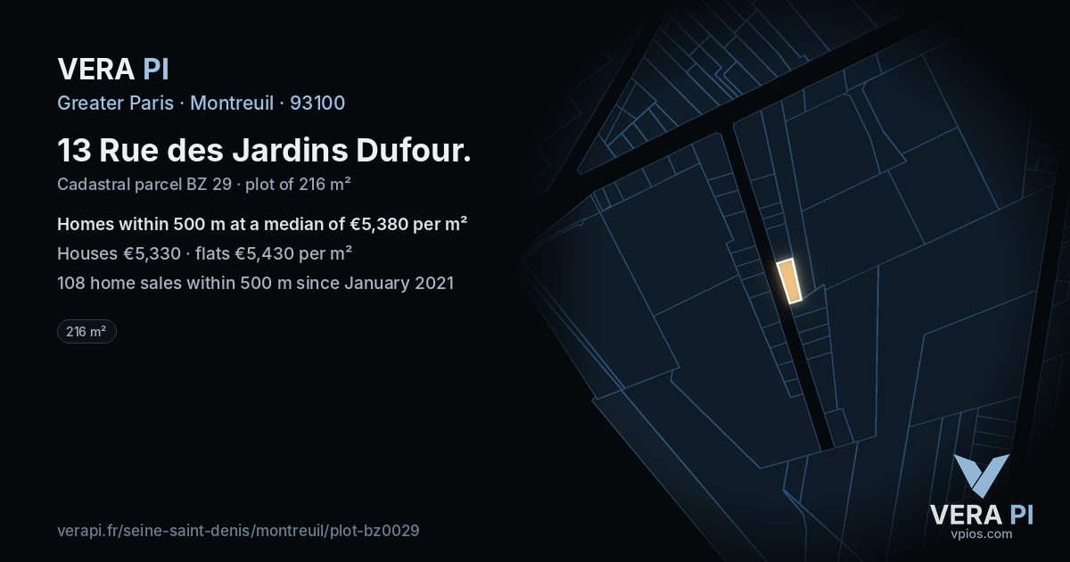 13 Rue des Jardins Dufour, Montreuil at night – the plot lit, the parcels around coloured by the prices near them