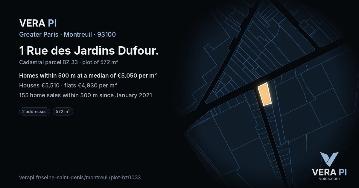 1 Rue des Jardins Dufour, Montreuil at night – the plot lit, the parcels around coloured by the prices near them