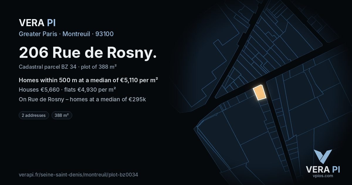 206 Rue de Rosny, Montreuil at night – the plot lit, the parcels around coloured by the prices near them