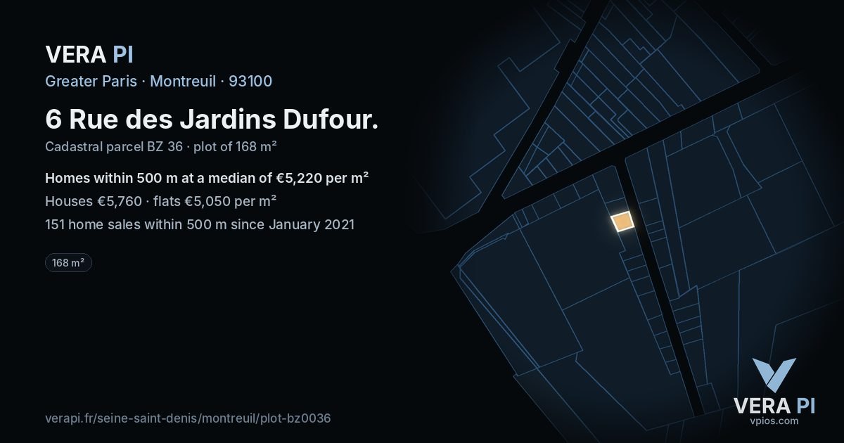 6 Rue des Jardins Dufour, Montreuil at night – the plot lit, the parcels around coloured by the prices near them