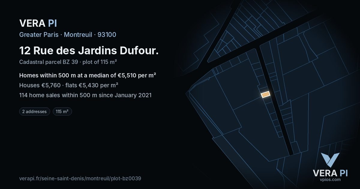 12 Rue des Jardins Dufour, Montreuil at night – the plot lit, the parcels around coloured by the prices near them