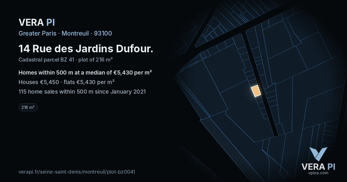 14 Rue des Jardins Dufour, Montreuil at night – the plot lit, the parcels around coloured by the prices near them