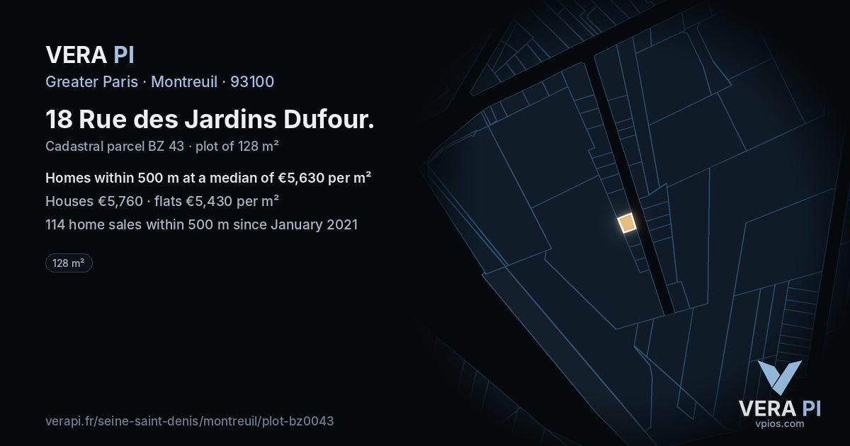 18 Rue des Jardins Dufour, Montreuil at night – the plot lit, the parcels around coloured by the prices near them