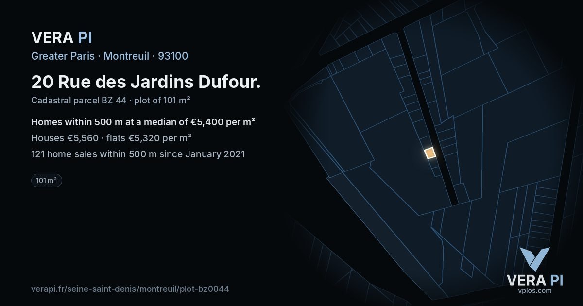 20 Rue des Jardins Dufour, Montreuil at night – the plot lit, the parcels around coloured by the prices near them